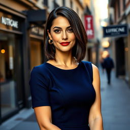 A European woman aged 30 to 45 with sleek dark hair styled in a modern bob