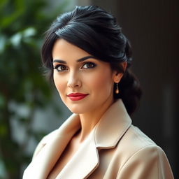A 35-year-old woman with dark hair and European features, dressed in elegant clothing that is fully covering, exuding a confident yet approachable demeanor