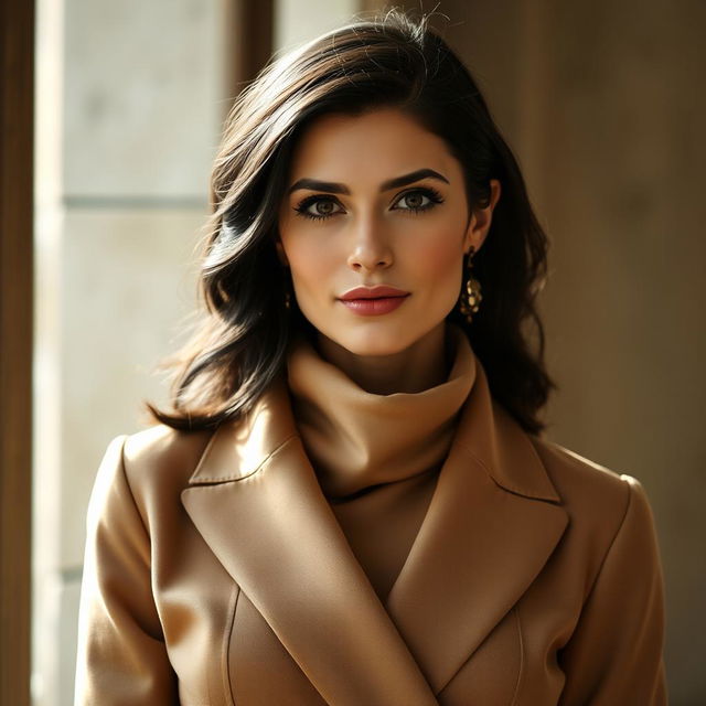 A 35-year-old woman with dark hair and European features, dressed in elegant clothing that is fully covering, exuding a confident yet approachable demeanor