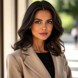 A 35-year-old woman with dark hair and European features, dressed in elegant clothing that is fully covering, exuding a confident yet approachable demeanor