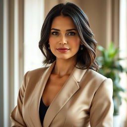 A 35-year-old woman with dark hair and European features, dressed in elegant clothing that is fully covering, exuding a confident yet approachable demeanor