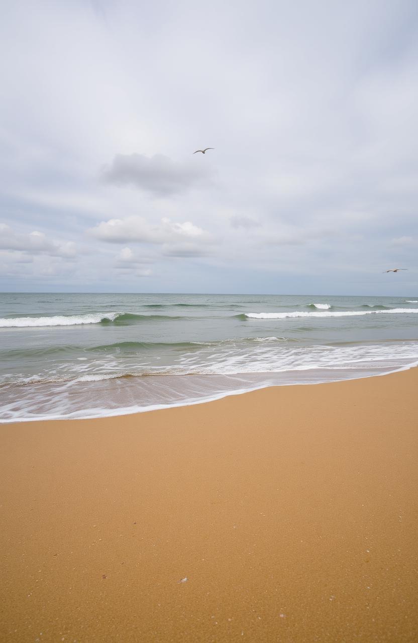 A serene beach scene featuring the ocean with gentle waves lapping at the shore, under a cloudy sky