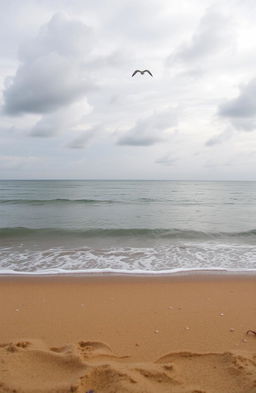 A serene beach scene featuring the ocean with gentle waves lapping at the shore, under a cloudy sky