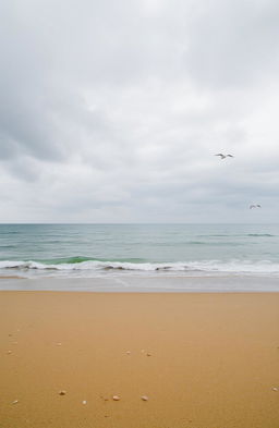 A serene beach scene featuring the ocean with gentle waves lapping at the shore, under a cloudy sky