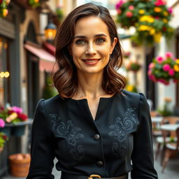 A European woman aged 30 to 45 with medium-length dark brown hair styled in loose curls