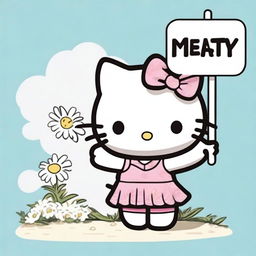 A highly detailed illustration of Hello Kitty, meticulously drawn, as she cheerily holds up a sign with the word 'Maisy'.