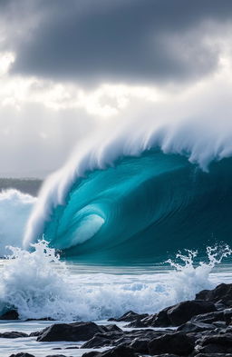 A magnificent giant wave crashing onto a rocky shore under a dramatic, cloudy sky
