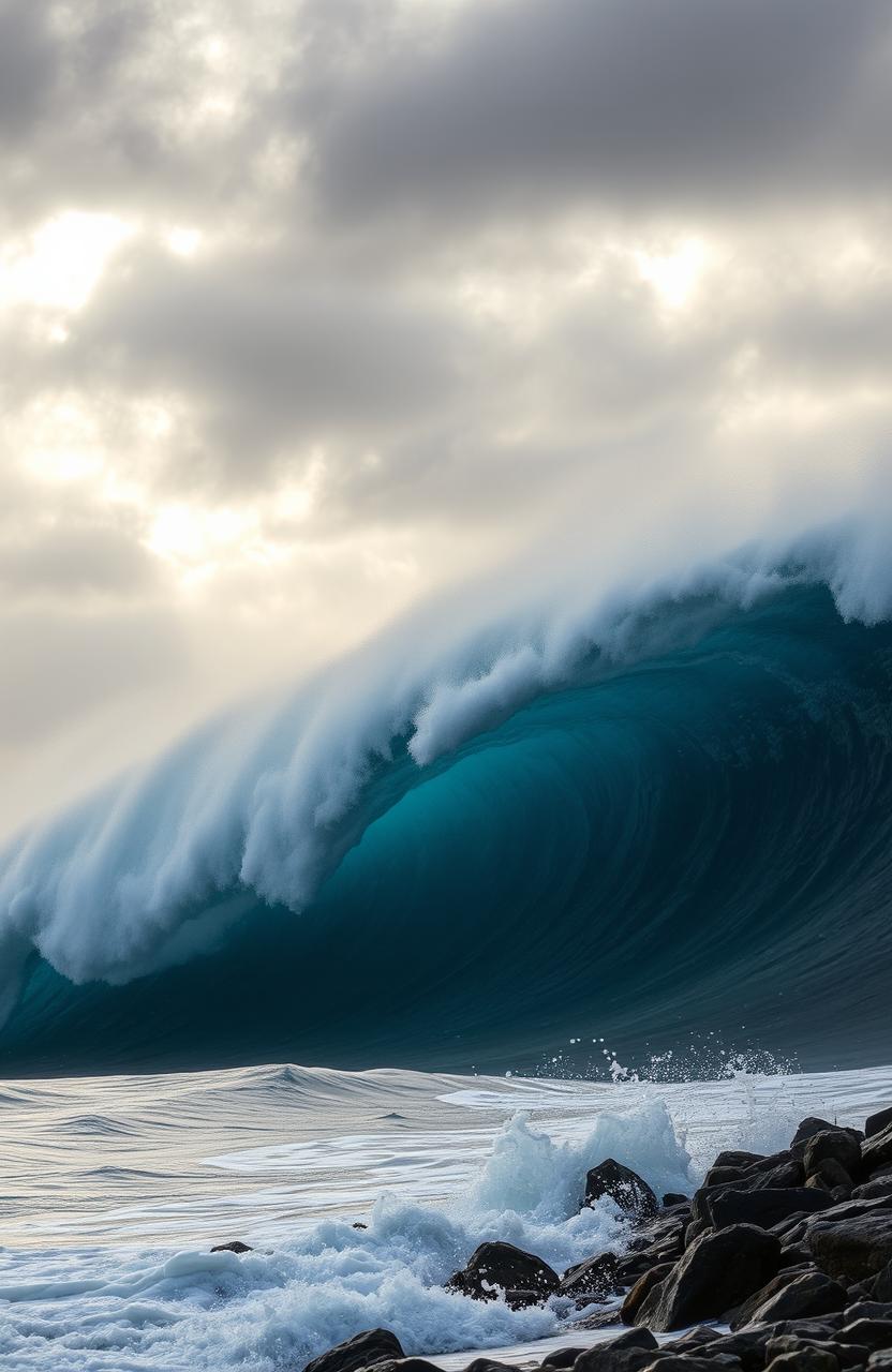 A magnificent giant wave crashing onto a rocky shore under a dramatic, cloudy sky