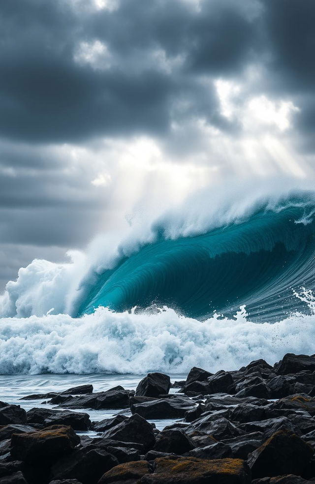 A magnificent giant wave crashing onto a rocky shore under a dramatic, cloudy sky