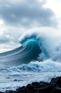 A magnificent giant wave crashing onto a rocky shore under a dramatic, cloudy sky