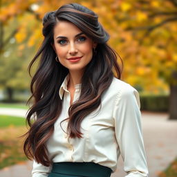 A graceful European woman aged 30 to 45 with flowing dark hair styled elegantly in a half-updo