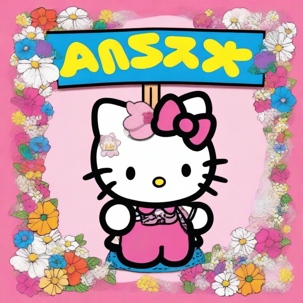 A highly detailed image of Hello Kitty with vibrant colors and intricate details, joyfully holding up a sign featuring the word 'Maisy'