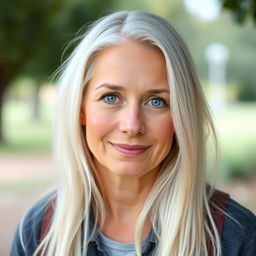 A 35-year-old woman of European descent with long, straight white hair and blue eyes