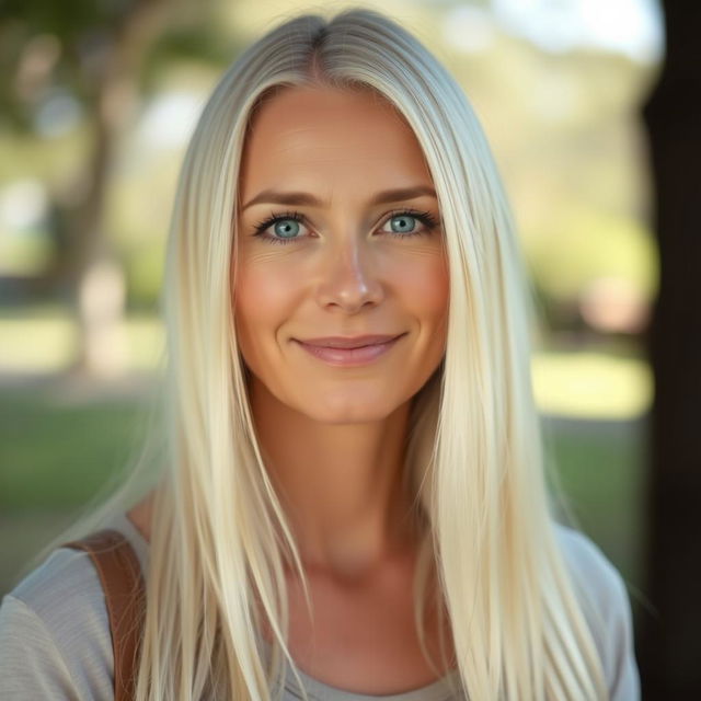 A 35-year-old woman of European descent with long, straight white hair and blue eyes