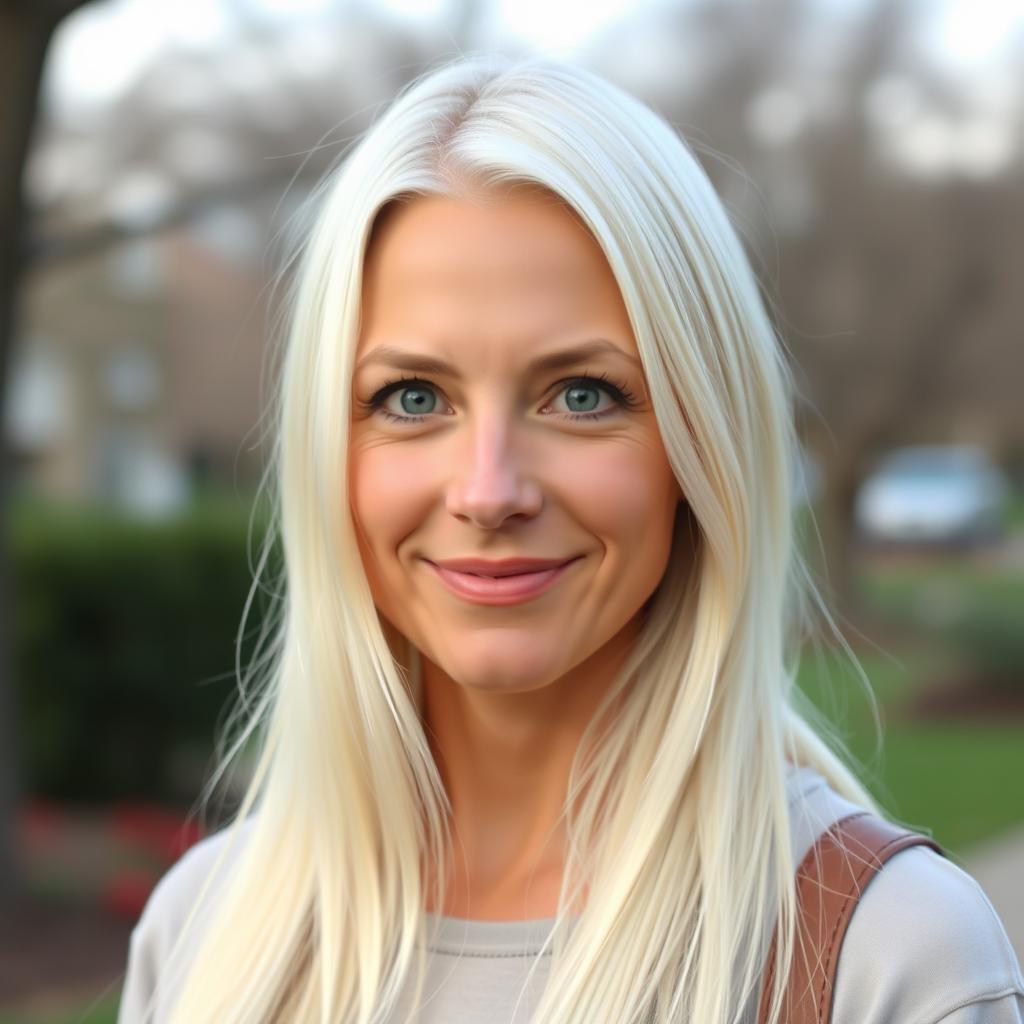 A 35-year-old woman of European descent with long, straight white hair and blue eyes