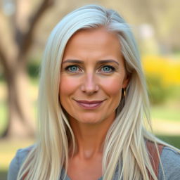 A 35-year-old woman of European descent with long, straight white hair and blue eyes
