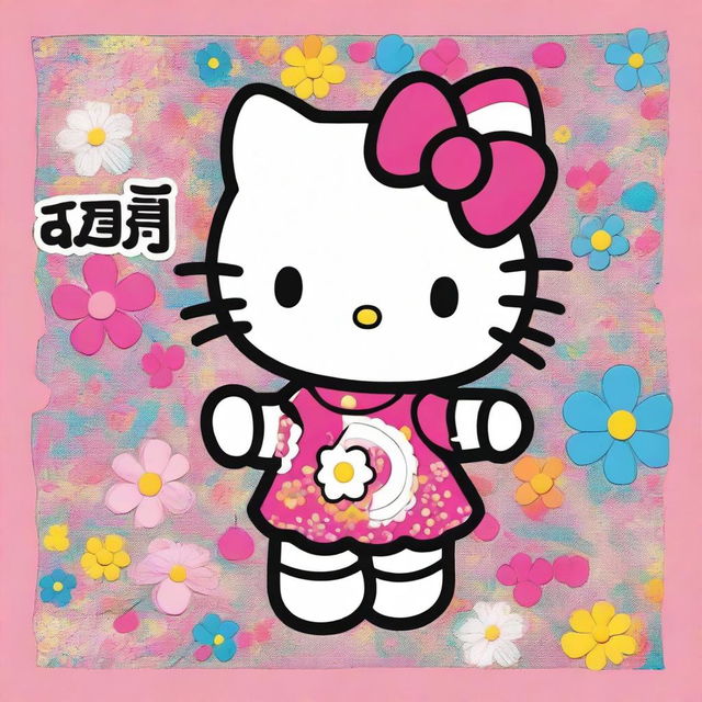 A highly detailed image of Hello Kitty with vibrant colors and intricate details, joyfully holding up a sign featuring the word 'Maisy'