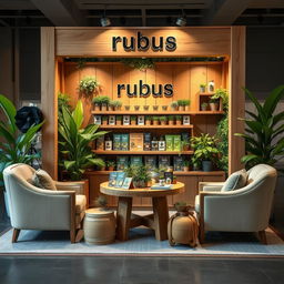 A cozy and eco-friendly medium-sized stand setup for a herbal cigarettes brand called rubus, with the name exhibited in lowercase
