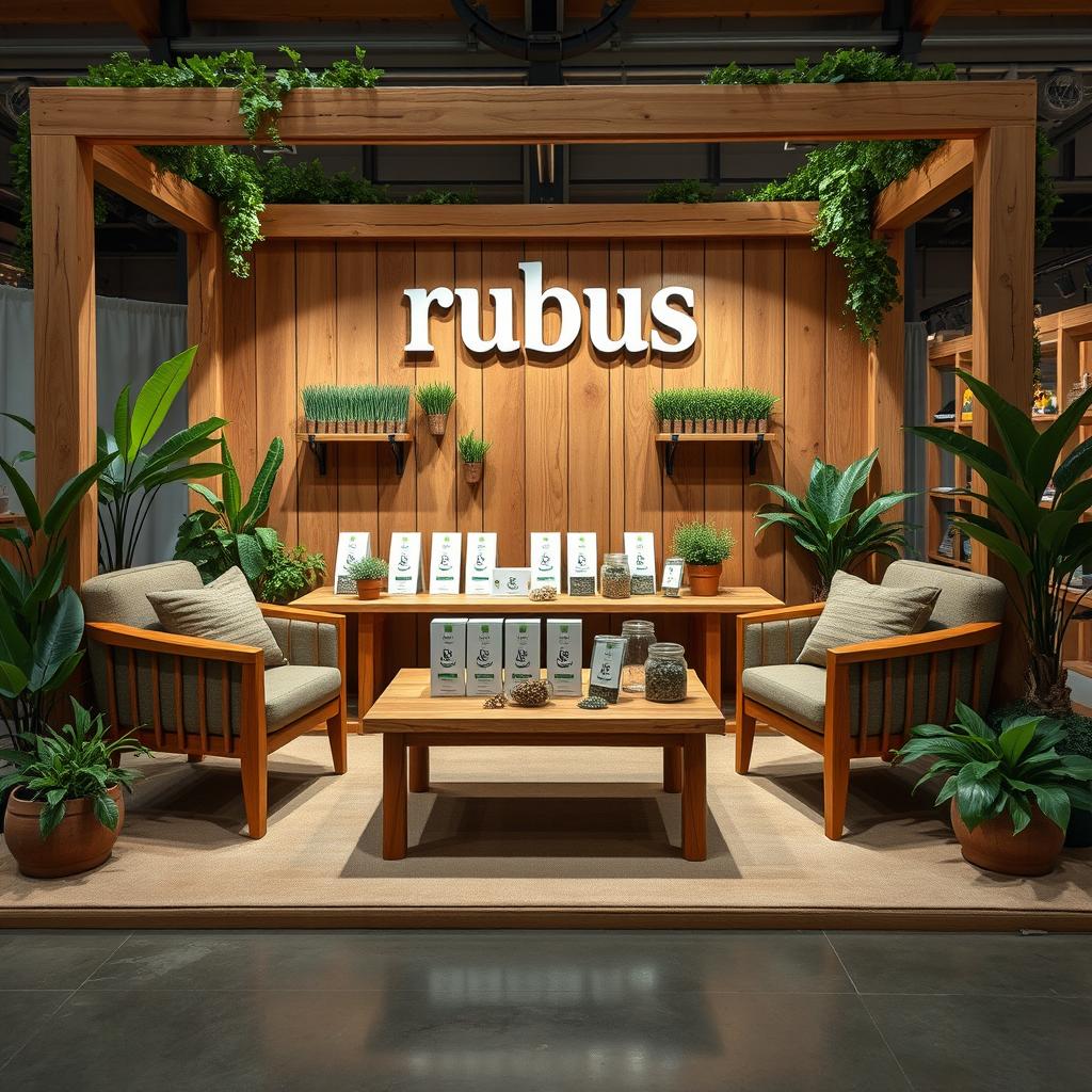 A cozy and eco-friendly medium-sized stand setup for a herbal cigarettes brand called rubus, with the name exhibited in lowercase