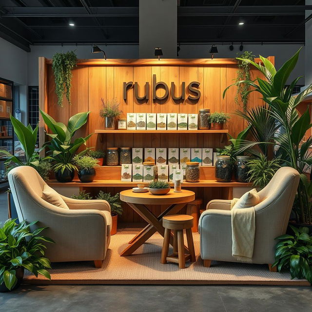 A cozy and eco-friendly medium-sized stand setup for a herbal cigarettes brand called rubus, with the name exhibited in lowercase