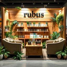 A cozy and eco-friendly medium-sized stand setup for a herbal cigarettes brand called rubus, with the name exhibited in lowercase