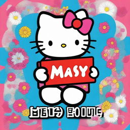 A highly detailed image of Hello Kitty with vibrant colors and intricate details, joyfully holding up a sign featuring the word 'Maisy'