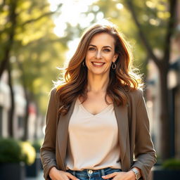 A European woman aged between 30 to 45 years, dressed in stylish, modern clothing