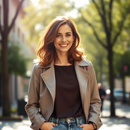 A European woman aged between 30 to 45 years, dressed in stylish, modern clothing