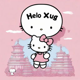 An intricately detailed depiction of Hello Kitty joyfully hoisting a sign inscribed with the word 'Maisy'.