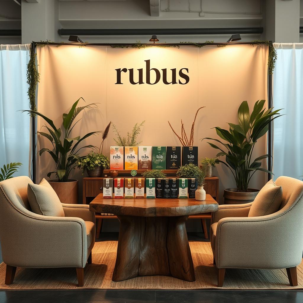 A cozy and eco-friendly medium-sized stand setup for a herbal cigarettes brand named 'rubus'