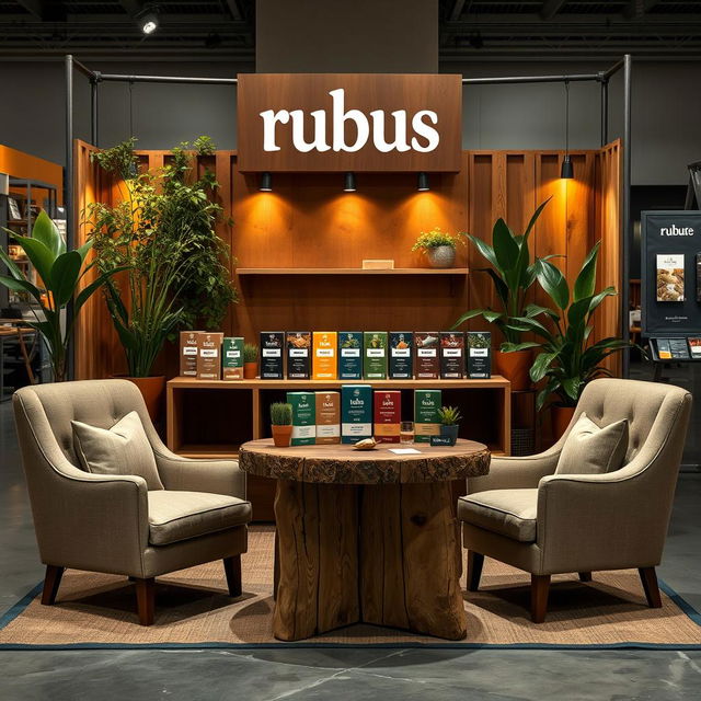 A cozy and eco-friendly medium-sized stand setup for a herbal cigarettes brand named 'rubus'