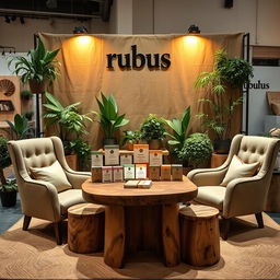 A cozy and eco-friendly medium-sized stand setup for a herbal cigarettes brand named 'rubus'