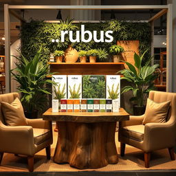 A cozy and eco-friendly medium-sized stand setup for a herbal cigarettes brand named 'rubus'
