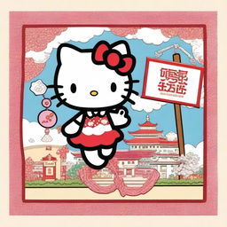 An intricately detailed depiction of Hello Kitty joyfully hoisting a sign inscribed with the word 'Maisy'.