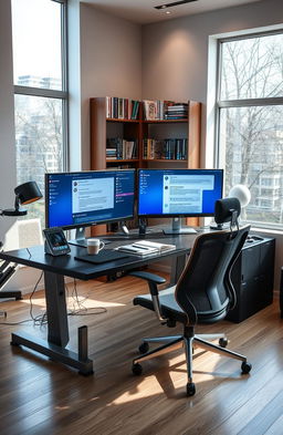 A serene workspace featuring a high-tech desk with multiple monitors displaying a vibrant chat interface for ChatGPT mastery