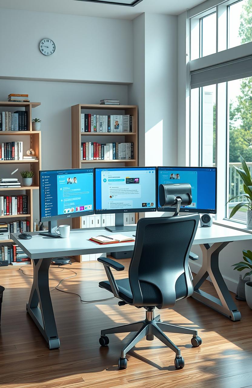 A serene workspace featuring a high-tech desk with multiple monitors displaying a vibrant chat interface for ChatGPT mastery