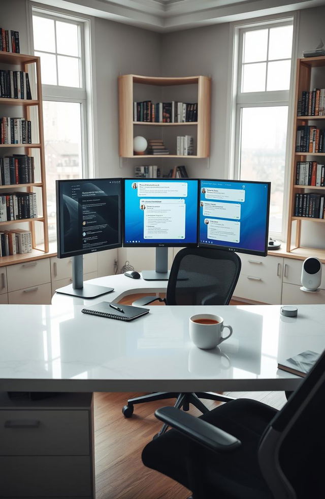 A serene workspace featuring a high-tech desk with multiple monitors displaying a vibrant chat interface for ChatGPT mastery