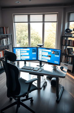 A serene workspace featuring a high-tech desk with multiple monitors displaying a vibrant chat interface for ChatGPT mastery