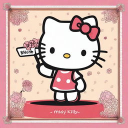 An intricately detailed depiction of Hello Kitty joyfully hoisting a sign inscribed with the word 'Maisy'.