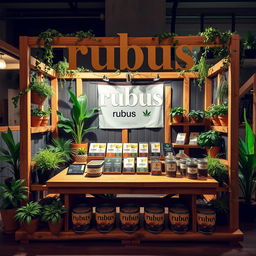 A cozy and eco-friendly medium-sized stand setup for a herbal cigarettes brand called rubus, with the name 'rubus' displayed in lowercase in a stylish natural font