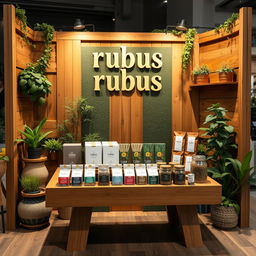 A cozy and eco-friendly medium-sized stand setup for a herbal cigarettes brand called rubus, with the name 'rubus' displayed in lowercase in a stylish natural font