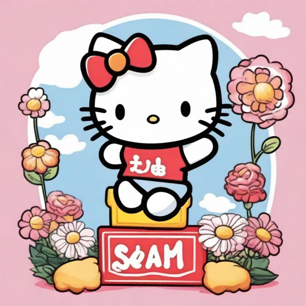 An intricately detailed depiction of Hello Kitty joyfully hoisting a sign inscribed with the word 'Maisy'.