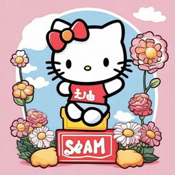 An intricately detailed depiction of Hello Kitty joyfully hoisting a sign inscribed with the word 'Maisy'.