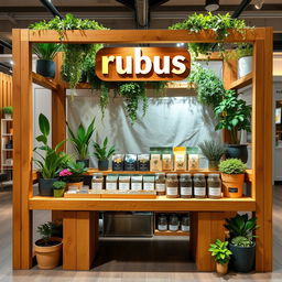 A cozy and eco-friendly medium-sized stand setup for a herbal cigarettes brand called rubus, with the name 'rubus' displayed in lowercase in a stylish natural font