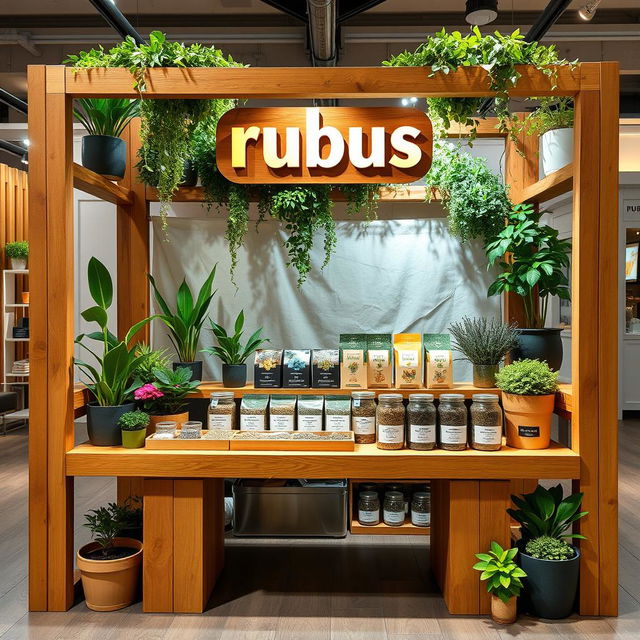 A cozy and eco-friendly medium-sized stand setup for a herbal cigarettes brand called rubus, with the name 'rubus' displayed in lowercase in a stylish natural font