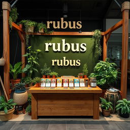 A cozy and eco-friendly medium-sized stand setup for a herbal cigarettes brand called rubus, with the name 'rubus' displayed in lowercase in a stylish natural font