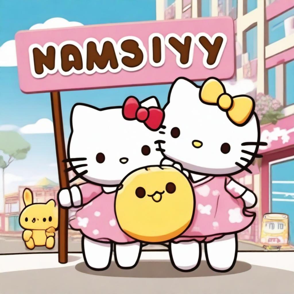 A highly detailed, vibrant image of Hello Kitty and Pompompurin standing together, cheerfully holding up a large sign that reads 'Maisy'