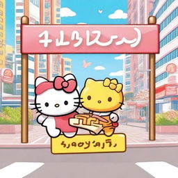 A highly detailed, vibrant image of Hello Kitty and Pompompurin standing together, cheerfully holding up a large sign that reads 'Maisy'