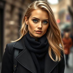 A 35-year-old woman with light blonde hair and striking blue eyes, dressed in stylish European clothing