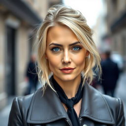 A 35-year-old woman with light blonde hair and striking blue eyes, dressed in stylish European clothing
